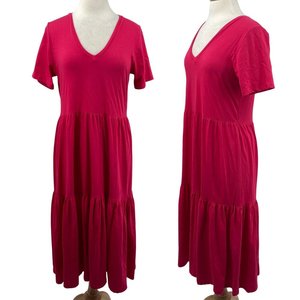 J Crew Cotton Tiered Midi Dress V Neck Short Sleeve Jersey Knit Hot Pink Magenta